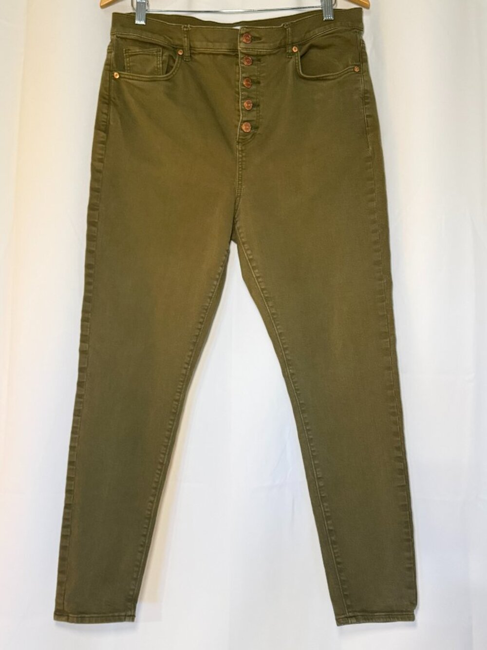 Loft High-Waist Skinny Ankle Jean Women 32/14 Olive Green Button Fly Stretch EUC